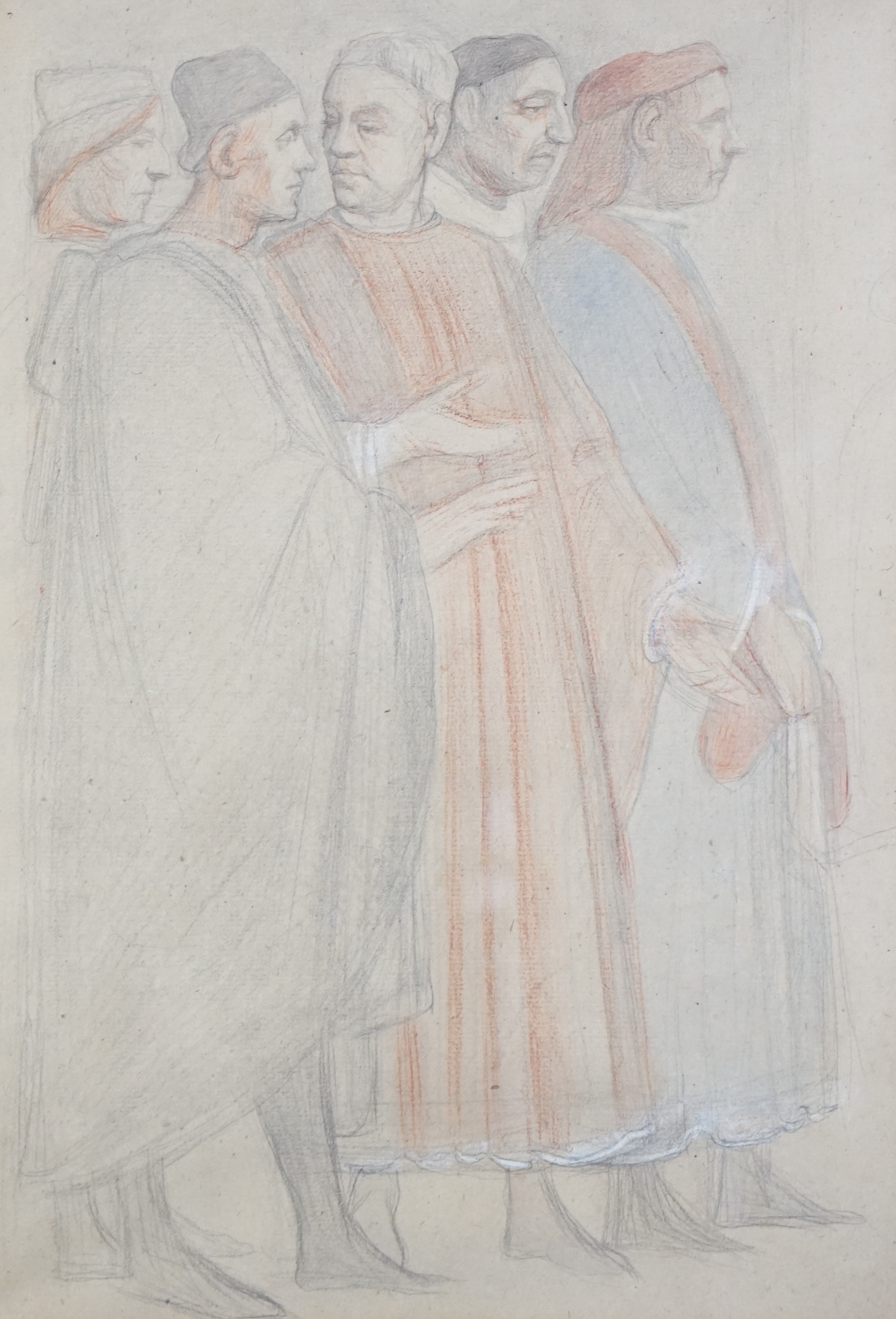 Alfred George Stevens (English, 1817-1875), Study of five standing figures, conté crayon and wash on light buff paper, 32 x 22cm